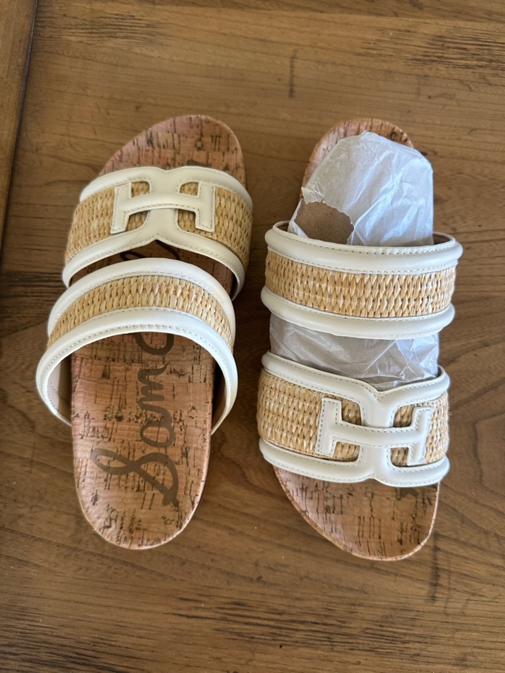 Sam Edelman Rowan Sandals -Cream Trim Natural Raffia Double-Strap Slide Sandals